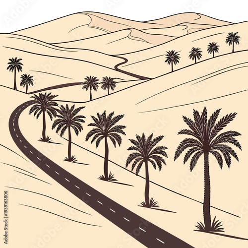 Desert road with palm trees and sand dunes brown