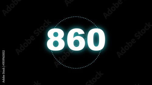 Animated 860 number on black background with glowing effect and rotating circle, digital counter display.