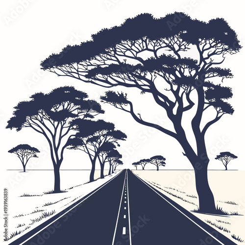 Of long desert road disappearing into distance lined with trees 1