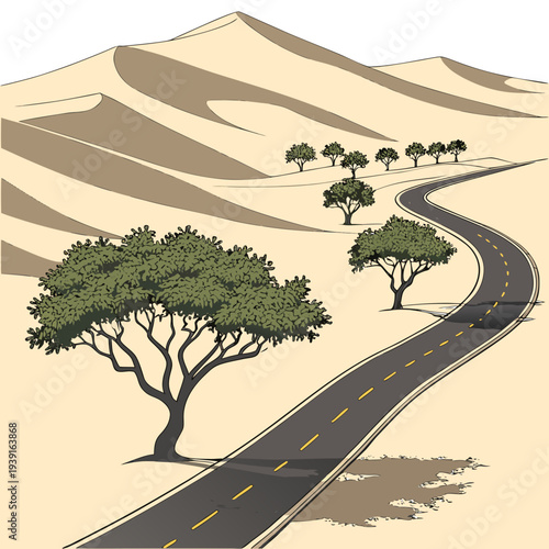 Desert road with trees and sand dunes winding road