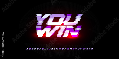 Neon Glitch Futuristic Typography Gaming Victory Esports Digital Alphabet Font Gradient Vibrant Glow Cyberpunk Headline Promo UI Interface Dynamic Bold Night. Vector Illustration