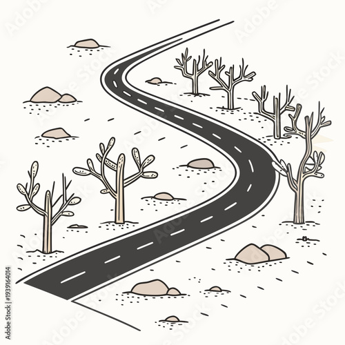 Desert road with trees and rocks winding road