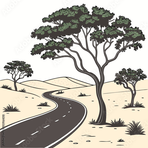Desert road with trees and sand dunes winding road 1