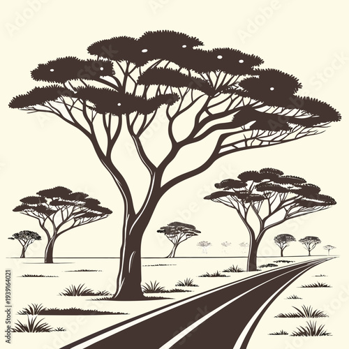 Desert road with trees on both sides acacia trees grass