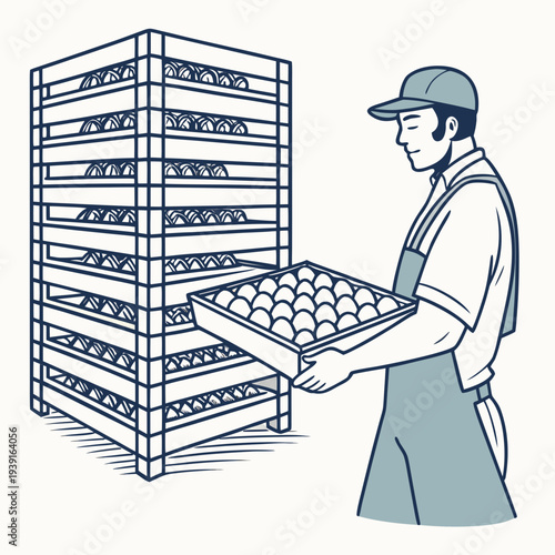 Man holding egg tray standing next to egg crate rack