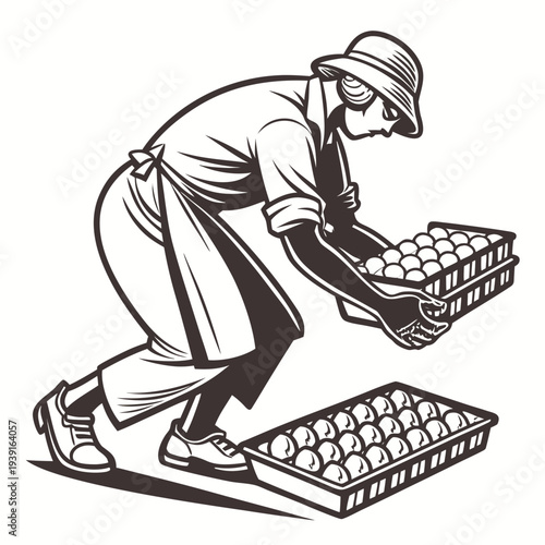 Man in apron and hat holding egg trays eggs