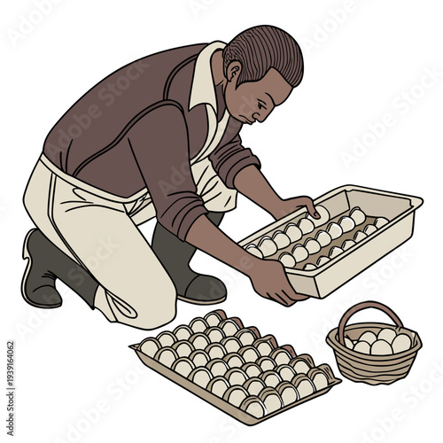 Man collecting eggs from carton and basket egg collector