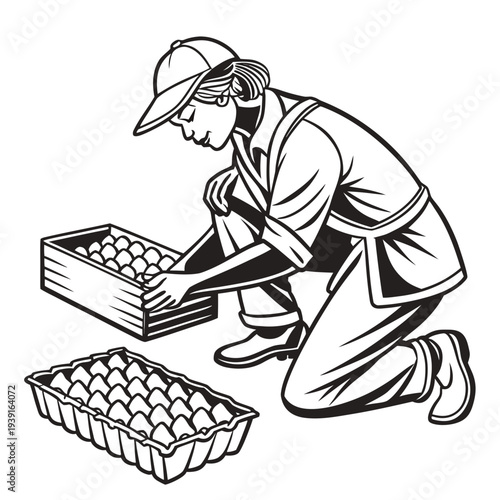 Man in overalls and cap handling egg trays worker farmer