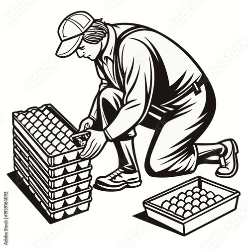 Man stacking egg trays black and white worker