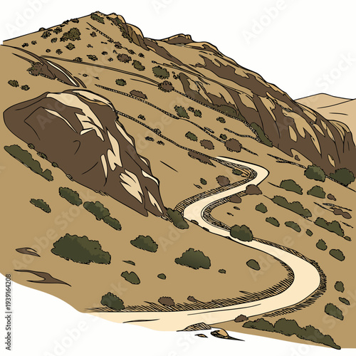 Aerial view of rural mountain corridor with small trees and winding road