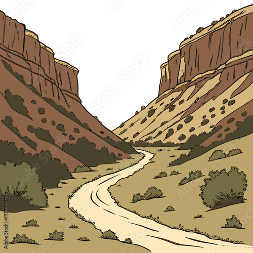 Desert road between two steep rocky hills with sparse vegetation