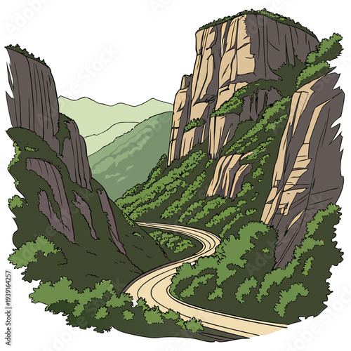 Mountain ridge split by winding valley road