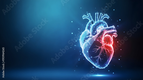 A glowing blue and red heart with a dark background and light effects