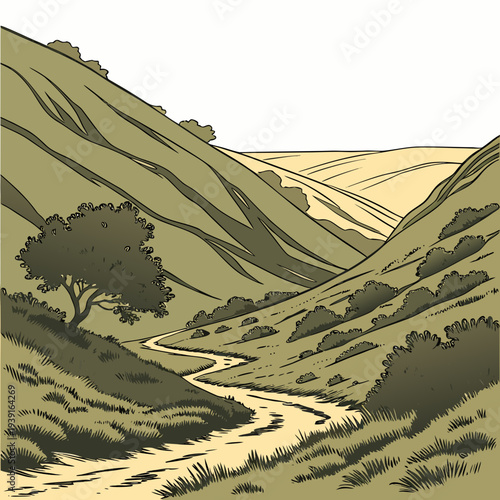 Winding dirt path through green valley between two steep hills