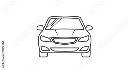 Outline Drawing of a Front View Sedan Car, Line Art Vector Illustration