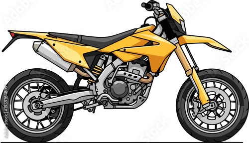 A vibrant yellow motorcycle with black accents is viewed from the side, showcasing its sleek design and engine details