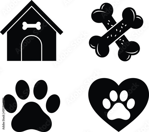 Black silhouette pet icons set featuring dog house with bone, crossed dog treats, animal paw print, and heart with paw for veterinary, pet care, or animal shelter designs.