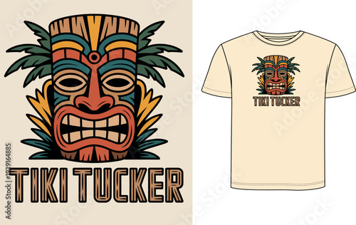 Tiki Tucker Design: A captivating tiki mask design adorns a t-shirt, blending cultural artistry with apparel, showcasing creative expression and fashion.