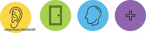Colorful vector illustration set featuring ear, door, profile head, and plus icons representing auditory health, mental accessibility, and medical consultation.