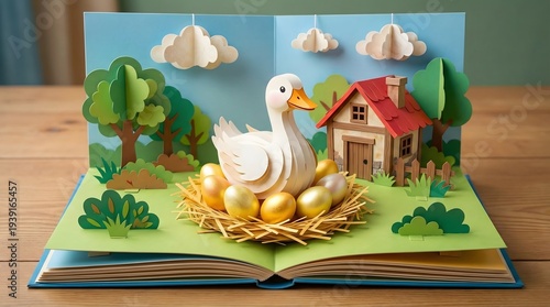 Pop up book with white goose sitting on golden eggs in nest, paper cut style fairytale illustration