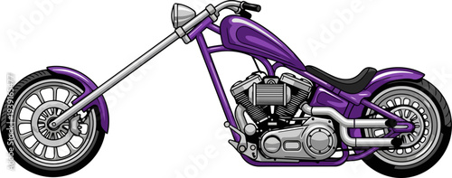 A purple chopper motorcycle illustration viewed from the side showcasing its sleek design and engine details