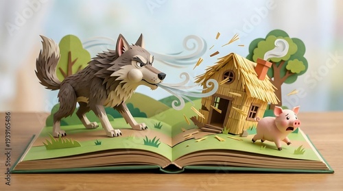 Pop up book showing big bad wolf blowing down straw house with little pig running away, paper cut fairytale style
