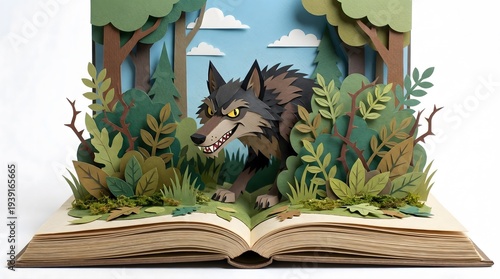 Pop up book of a big bad wolf hiding in the forest bushes, paper cut style fairytale illustration