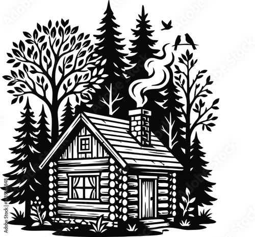 Cozy log cabin hidden in a lush forest with smoking chimney, minimalist flat vector silhouette nature illustration.