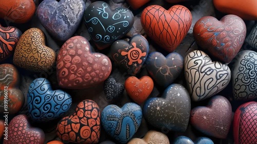 Handcrafted hearts in vibrant colors. Patterns swirl across smooth, rounded surfaces. Each heart holds unique, artistic design. Colors range from deep reds to bold blues