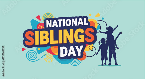 National Siblings Day celebration with colorful silhouettes of children playing in vibrant illustration for social media