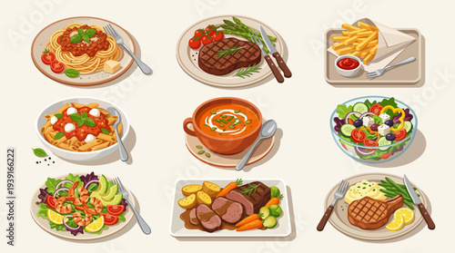 Delicious Food Dishes Collection Vector Set with Pasta Steak Salad Soup and Fries