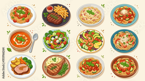 Delicious Food Dishes Collection Vector Set with Pasta Steak Salad Soup and Fries