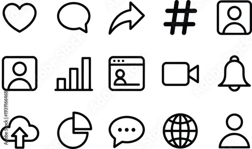Set of 14 line icons vector, social media, communication, web, and mobile