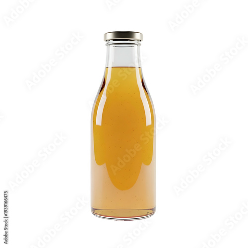 Clear glass bottle filled with light amber liquid, isolated on black