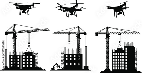 Black silhouette collection of construction tower cranes building high rise apartments and professional surveillance drones flying isolated on white background