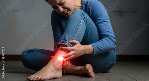 Achilles tendon injury, joint inflammation, foot pain, man suffering from feet ache, podiatry concept, Achilles pain, foot health,person sitting on the floor in blue clothing holding a painful ankle h