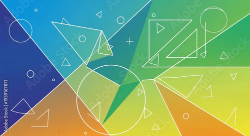 A vibrant and colorful geometric vector graphic with various shapes and lines