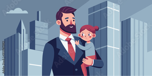 Businessman holding daughter in city background smiling father with child symbolizing family love and work life balance urban vector illustration