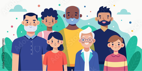 Diverse group of people of different ages and ethnicities smiling together representing community diversity inclusion friendship and unity flat vector illustration