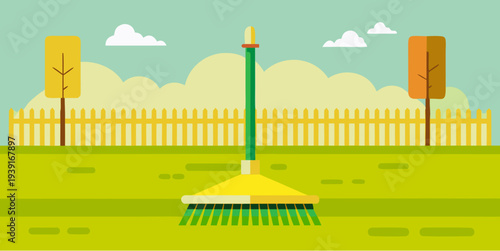 Garden rake tool on green lawn with fence and trees in backyard symbolizing gardening landscaping yard work and outdoor maintenance flat vector illustration