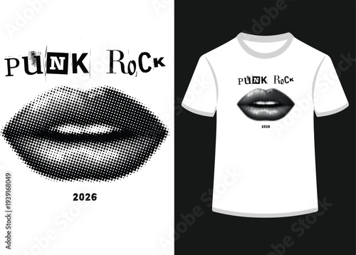 Punk rock graphic t-shirt design with lips and year 2026 for apparel