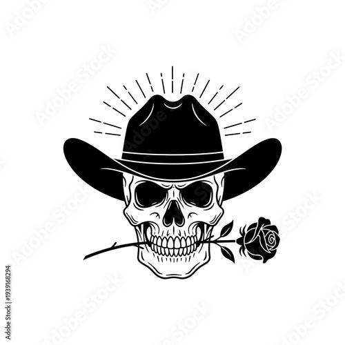 Black and white illustration of a skull wearing a cowboy hat with a rose.