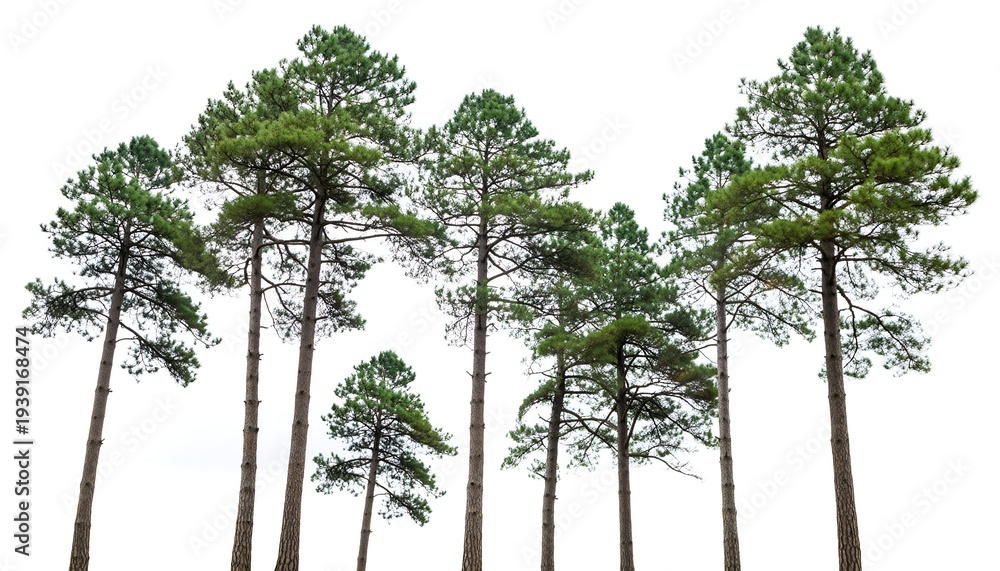 Obraz premium Tall green pine trees against a bright white sky in a natural landscape setting