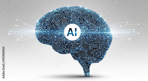 A blue circuit board brain with AI logo represents artificial intelligence concept