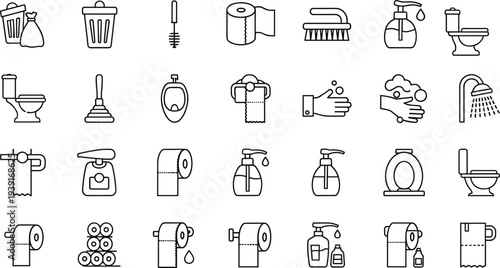 Bathroom cleaning hygiene icon set toilet brush paper soap dispenser trash plunger urinal shower handwash outline vector sanitation equipment collection