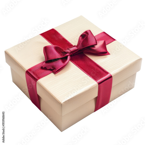 Beige gift box with red satin ribbon and bow isolated on Transparent Background