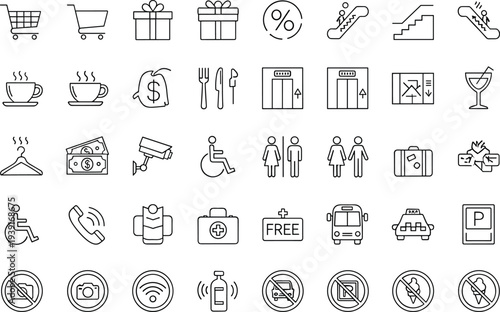 Public service icon set shopping gift discount escalator elevator coffee money security accessibility transport medical wifi parking prohibition outline vector collection