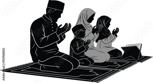 Muslim Family Praying Together on Prayer Rug with Quran Stand, Minimal Black and White Vector Silhouette