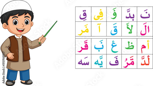 Cute Muslim Boy Teaching Arabic Alphabet Chart with Pointer, Colorful Kids Education Vector Illustration