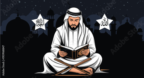 Muslim Man Reading Quran on Rehal at Night with Mosque Silhouette and Arabic Calligraphy Illustration
